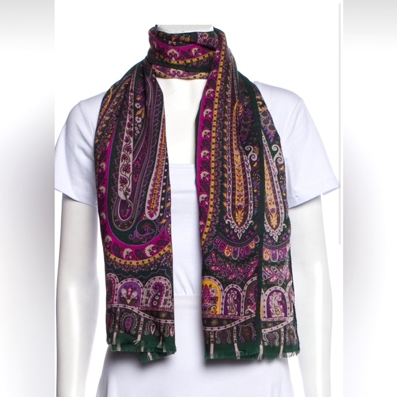 ETRO Milano Gorgeous Paisley Scarf Shawl Wool & Silk Purple Pink Yellow & Green - Picture 1 of 5
